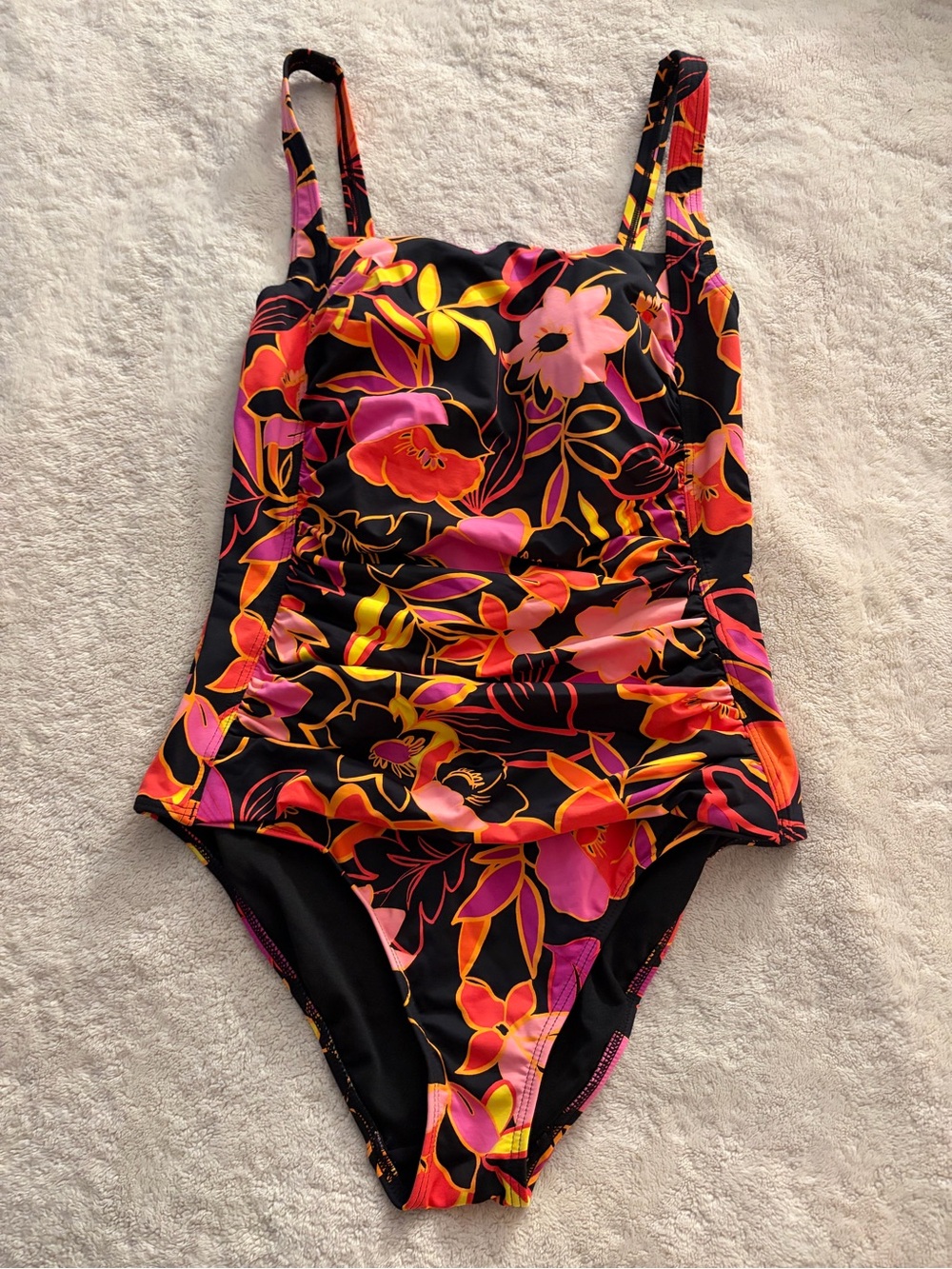 Floral Ruched One-Piece Swimsuit in Black with Pink & Orange Accents